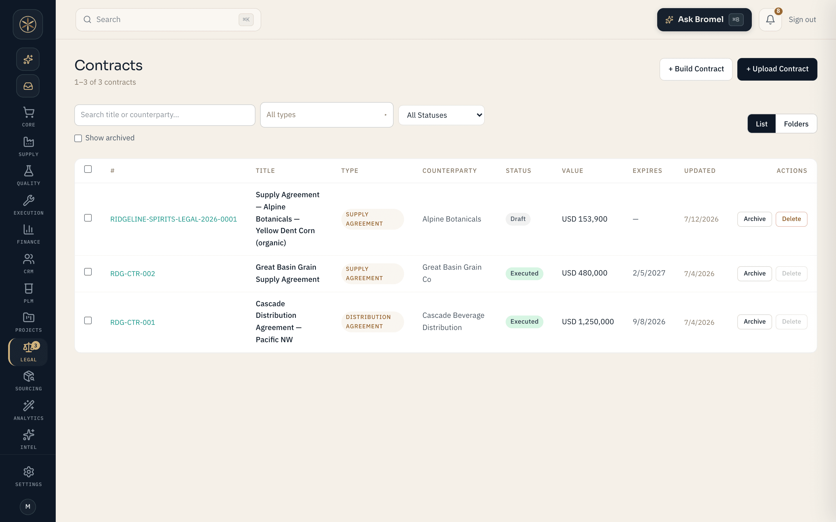 Vered Legal contracts list showing numbered contracts with counterparty, status, value, and expiry