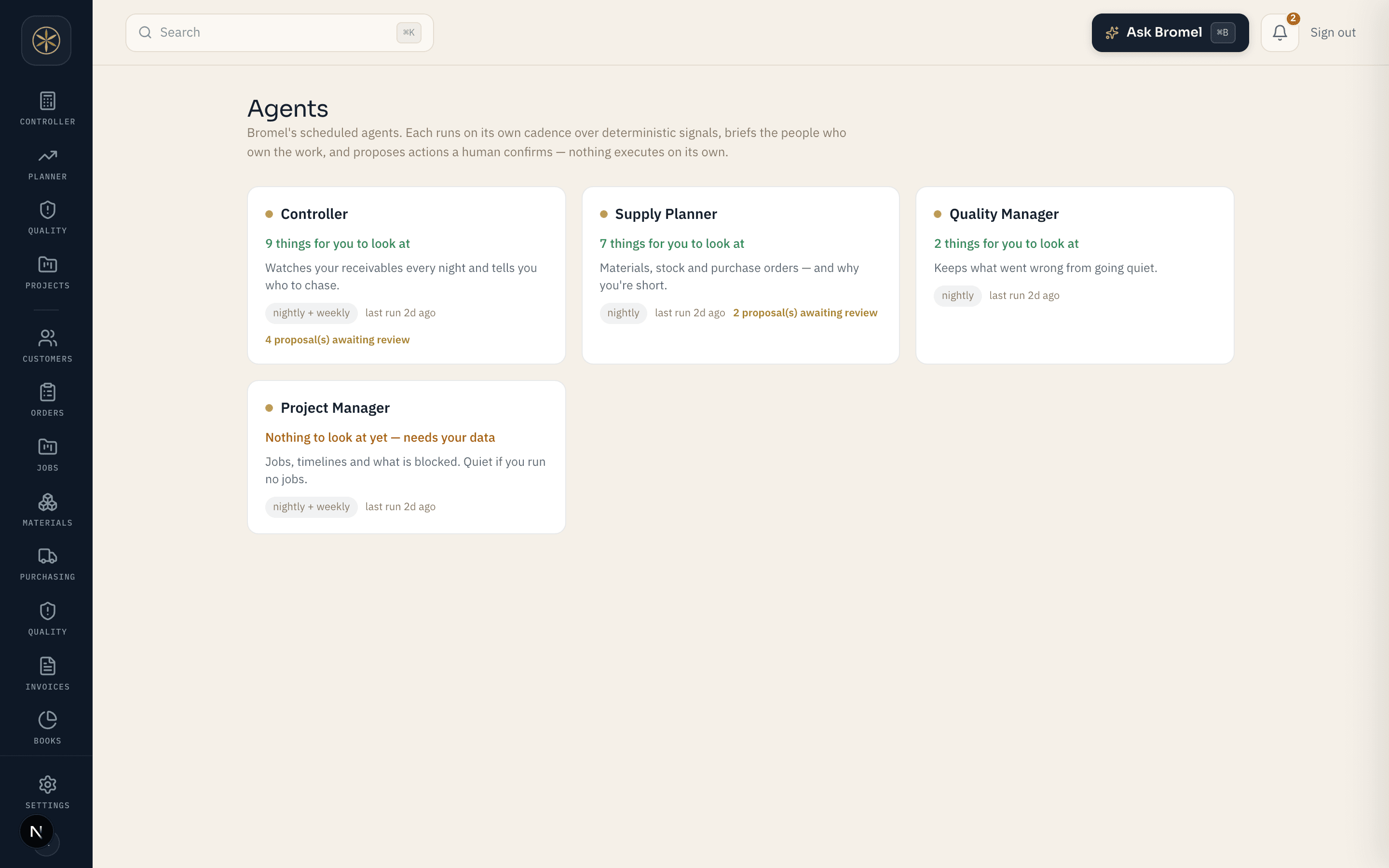 The VeredSB agents page: four cards — Controller with 9 things to look at and 4 proposals awaiting review, Supply Planner with 7 and 2 proposals, Quality Manager with 2, and Project Manager reading 'Nothing to look at yet — needs your data'. The sidebar lists the four people, then a divider, then the shop itself: Customers, Orders, Jobs, Materials, Purchasing, Quality, Invoices and Books.